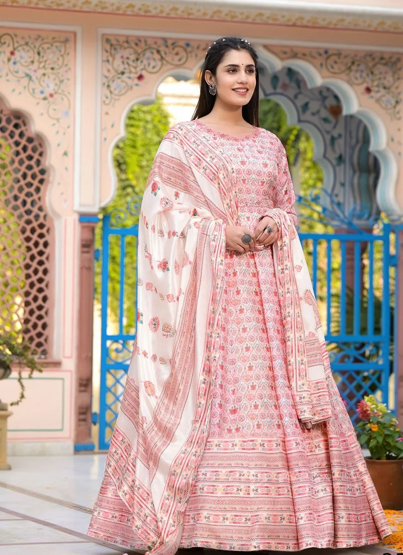 Blush Pink Wedding Wear Dola Silk Gown with Handwork