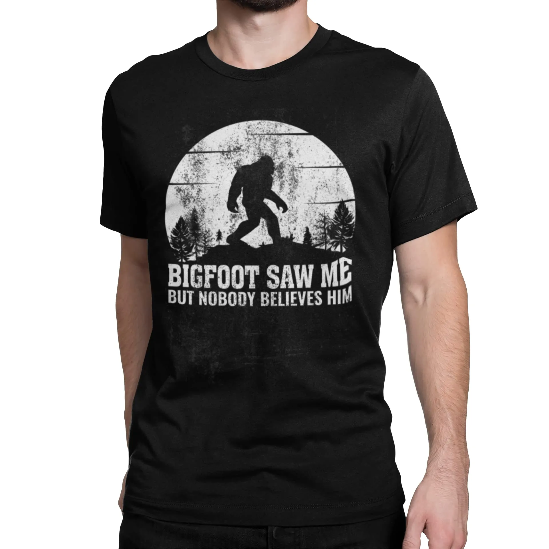 BROOKLYN VERTICAL Bigfoot Saw Me But Nobody Believes Him |Funny Sarcastic Adult Humor Short Sleeve Crew Neck Graphic T-Shirt