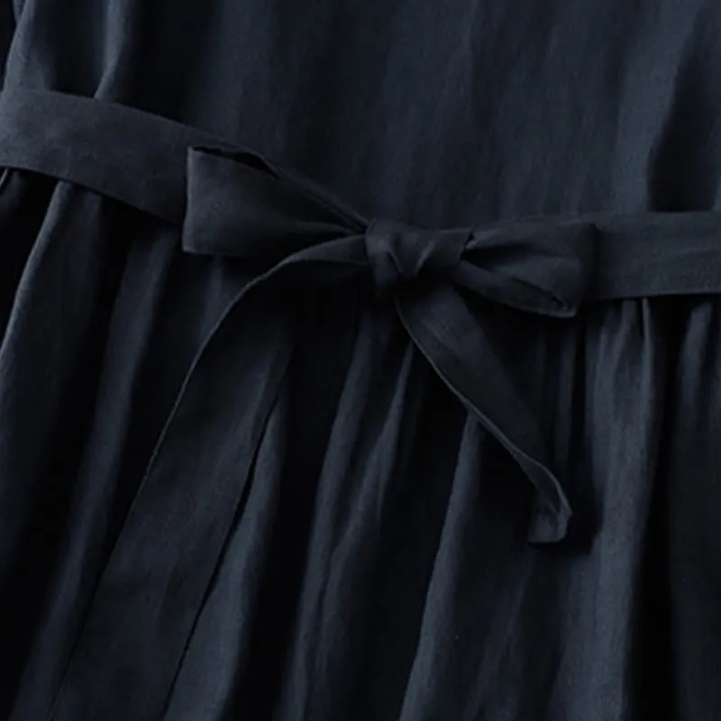 Buddha Stones Casual Plain Crew Neck Lace-up Half Sleeve Cotton Linen Midi Dress With Pockets