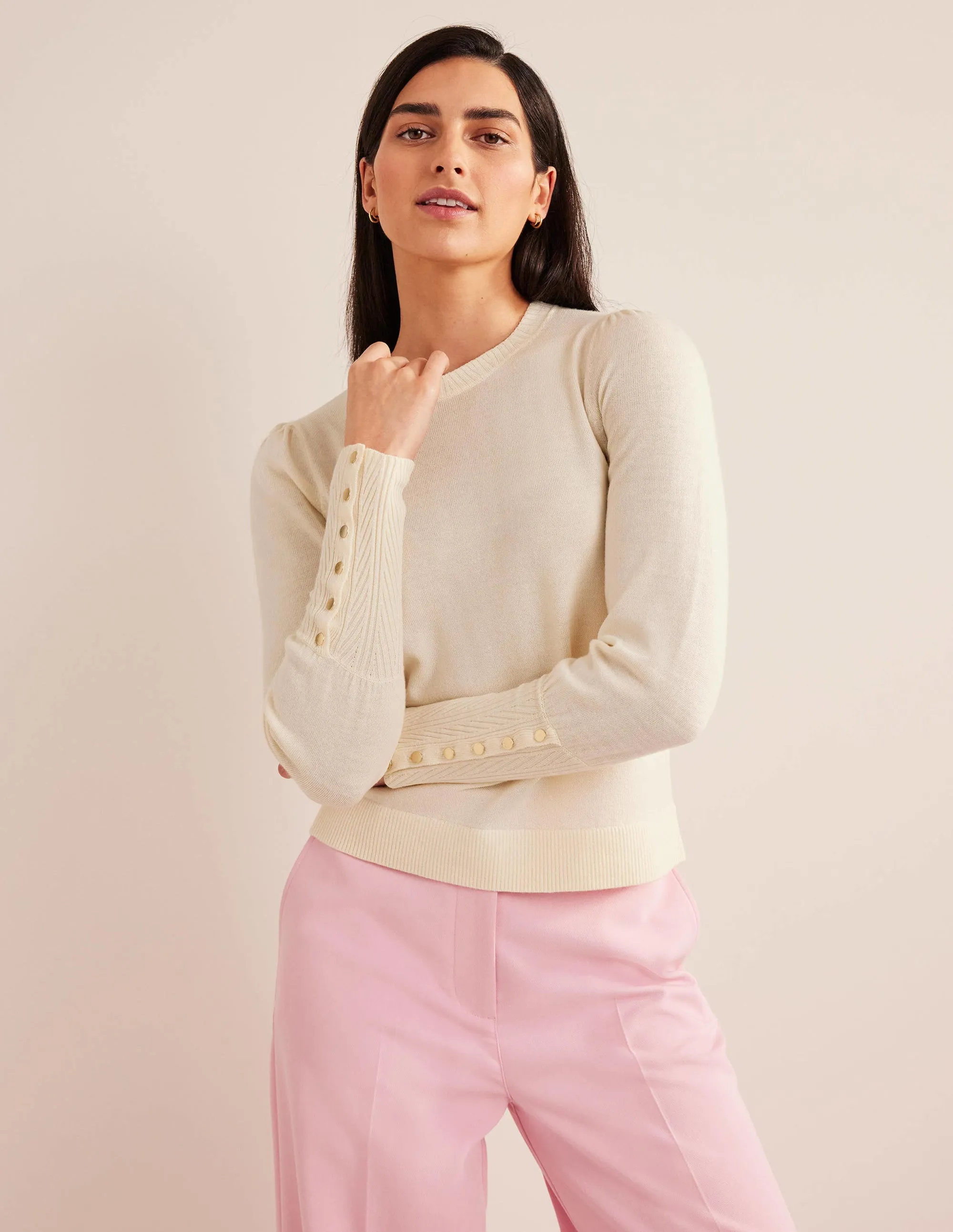 Button Cuff Merino Jumper-Warm Ivory