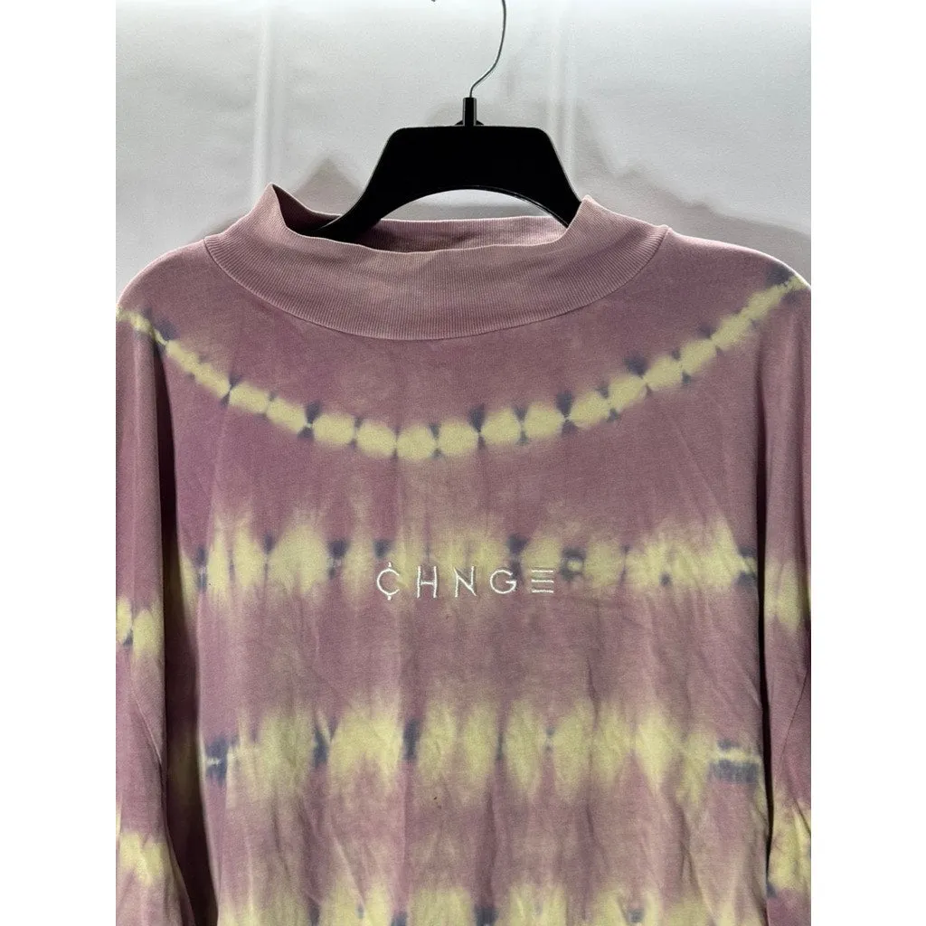 CHNGE Men's Purple/Beige Embroidered Peace Flower Tie-Dye Mock-Neck Shirt SZ XL