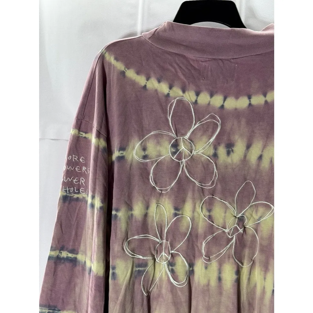 CHNGE Men's Purple/Beige Embroidered Peace Flower Tie-Dye Mock-Neck Shirt SZ XL
