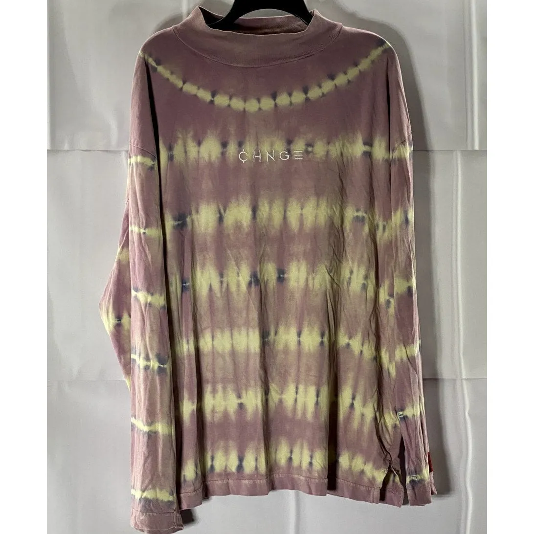 CHNGE Men's Purple/Beige Embroidered Peace Flower Tie-Dye Mock-Neck Shirt SZ XL