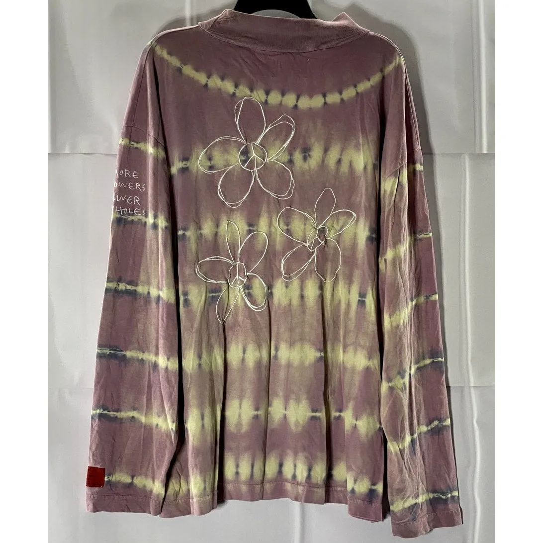 CHNGE Men's Purple/Beige Embroidered Peace Flower Tie-Dye Mock-Neck Shirt SZ XL