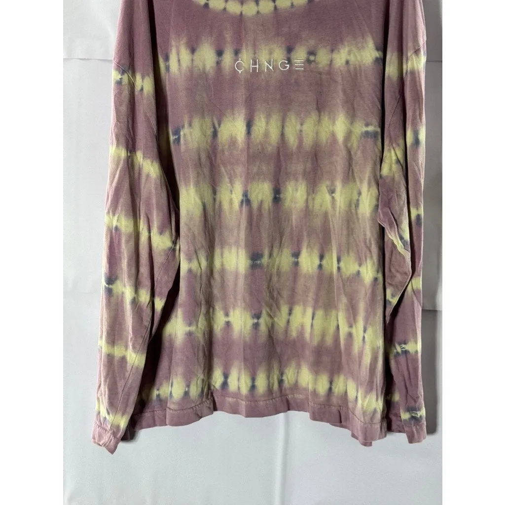 CHNGE Men's Purple/Beige Embroidered Peace Flower Tie-Dye Mock-Neck Shirt SZ XL