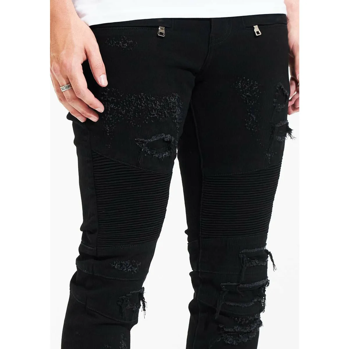Crysp Skywalker Black Biker Denim Jeans w/Tears (CRYSPHOL21-30)
