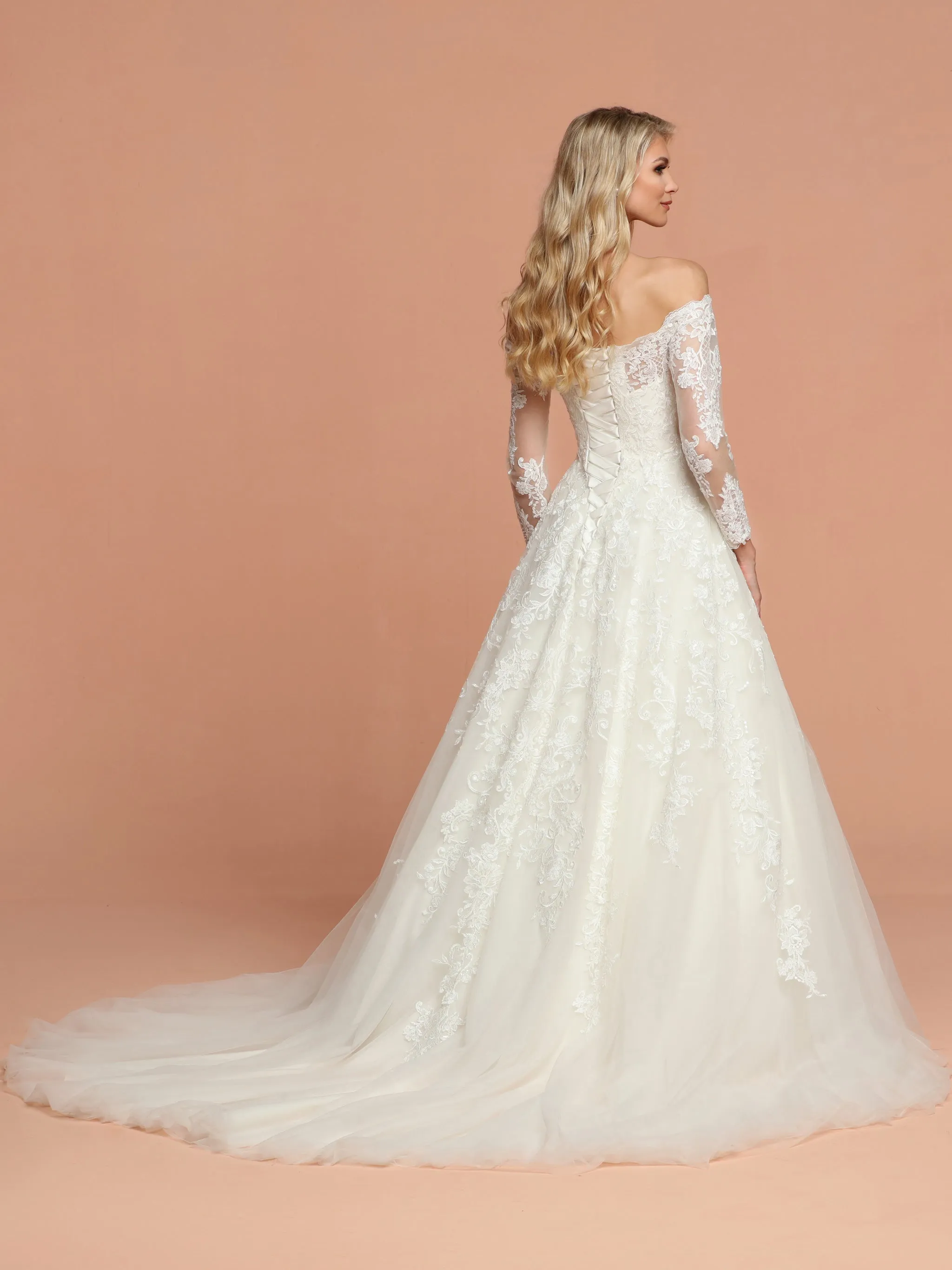 Davinci Bridal 50577 Lace Tulle Ballgown Wedding Dress Lace Sleeves Off the Shoulder