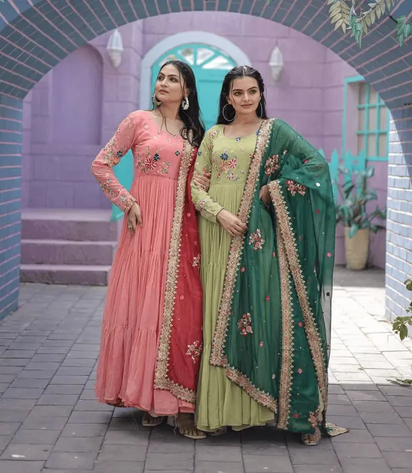 Dazzling Faux Georgette Embroidered Thread Worked Gown With Dupatta