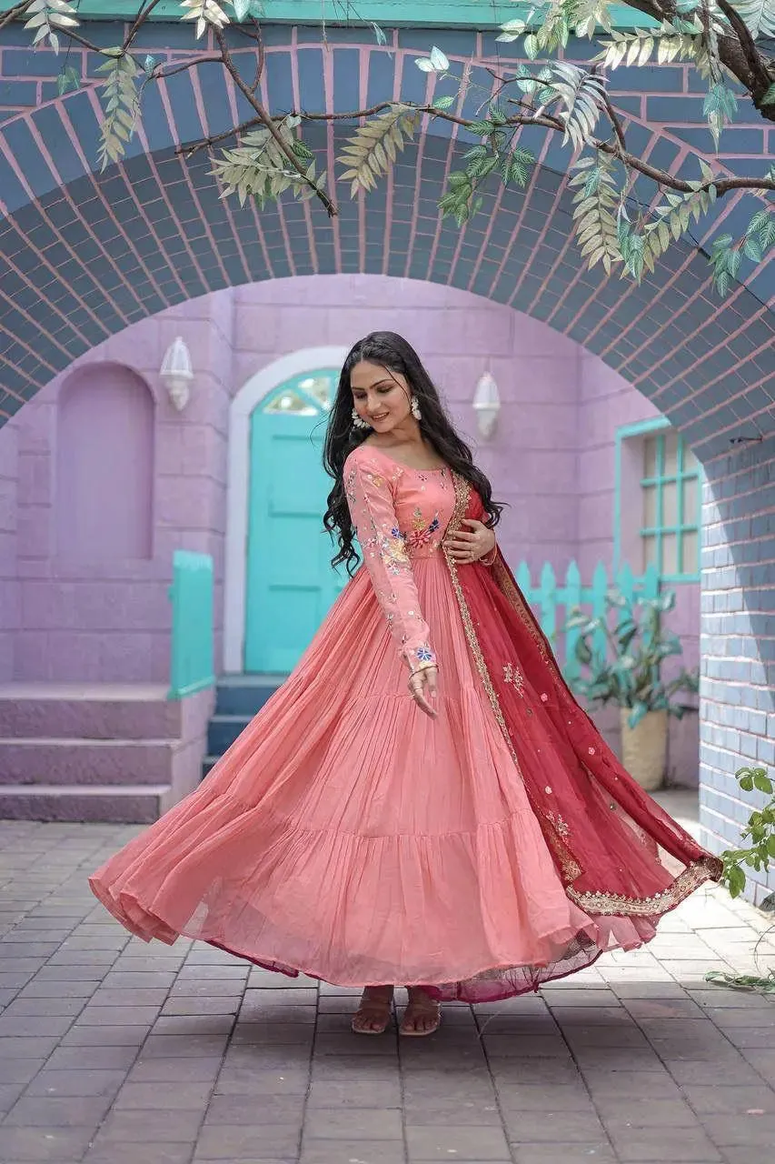 Dazzling Faux Georgette Embroidered Thread Worked Gown With Dupatta