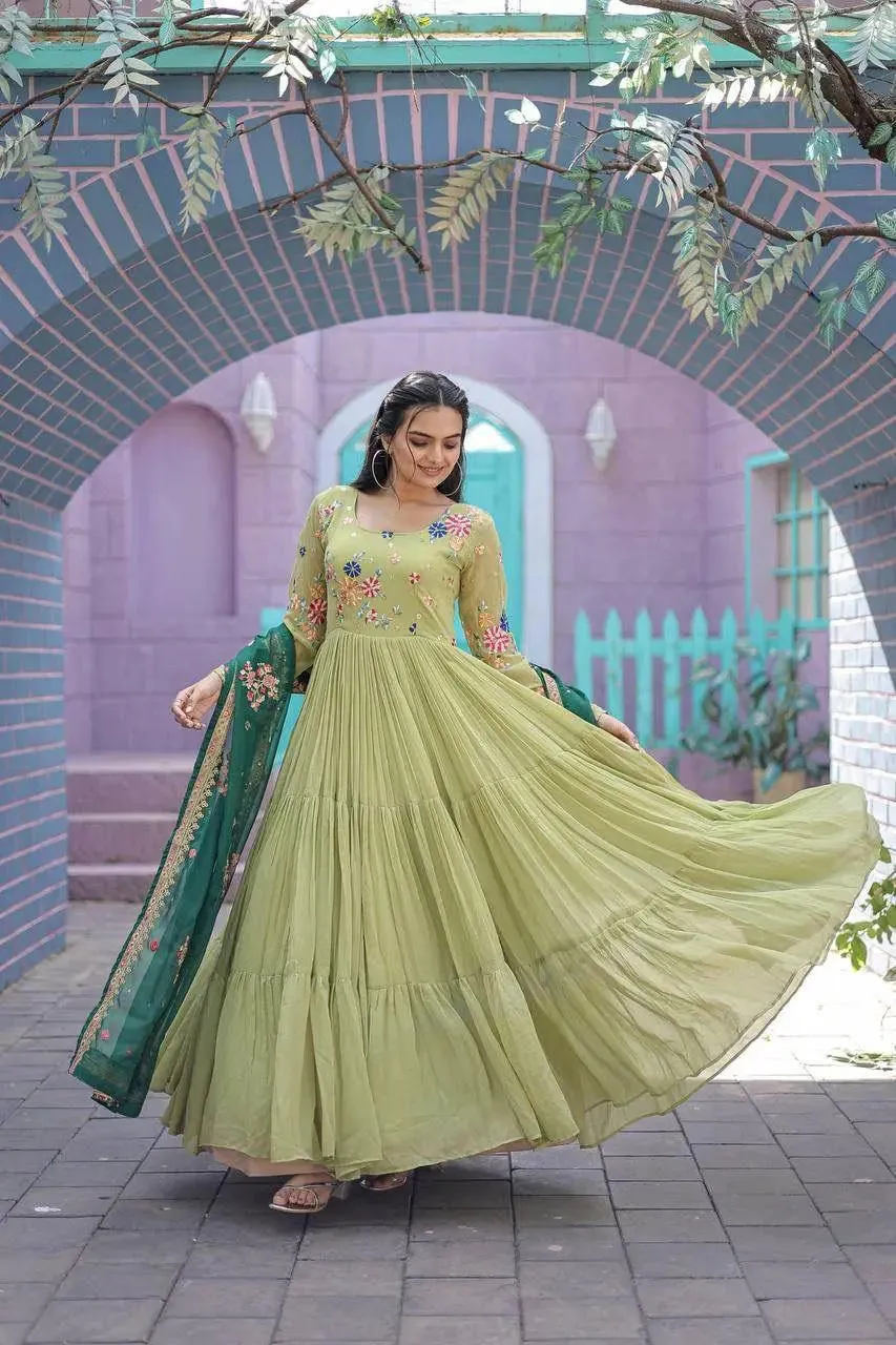 Dazzling Faux Georgette Embroidered Thread Worked Gown With Dupatta