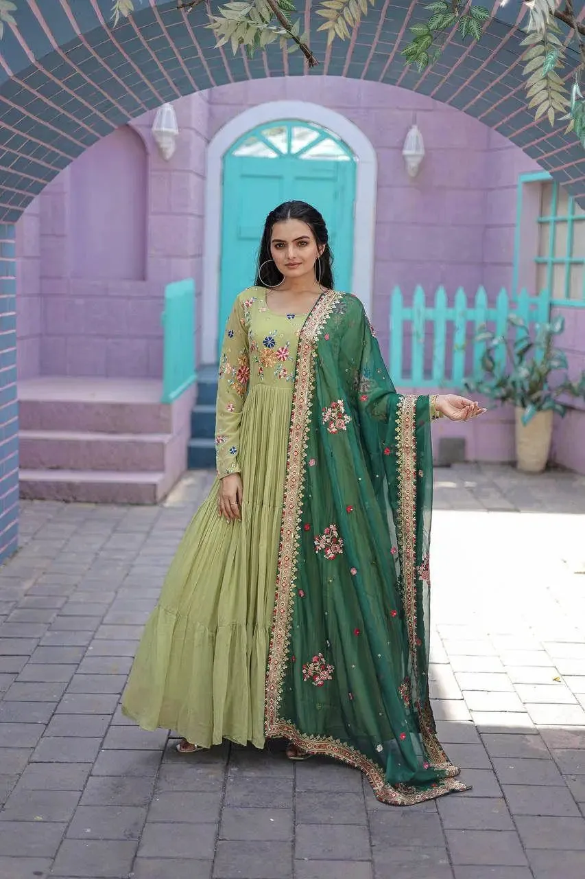Dazzling Faux Georgette Embroidered Thread Worked Gown With Dupatta