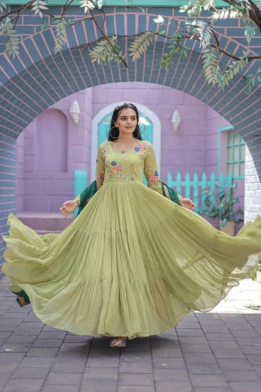 Dazzling Faux Georgette Embroidered Thread Worked Gown With Dupatta