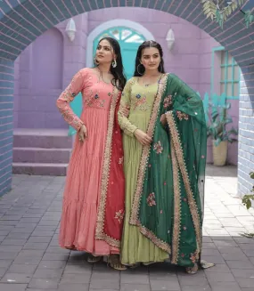 Dazzling Faux Georgette Embroidered Thread Worked Gown With Dupatta