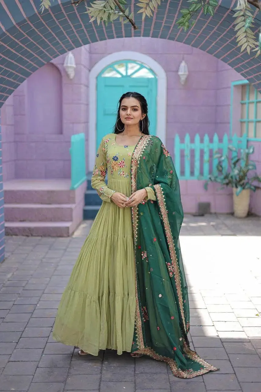 Dazzling Faux Georgette Embroidered Thread Worked Gown With Dupatta