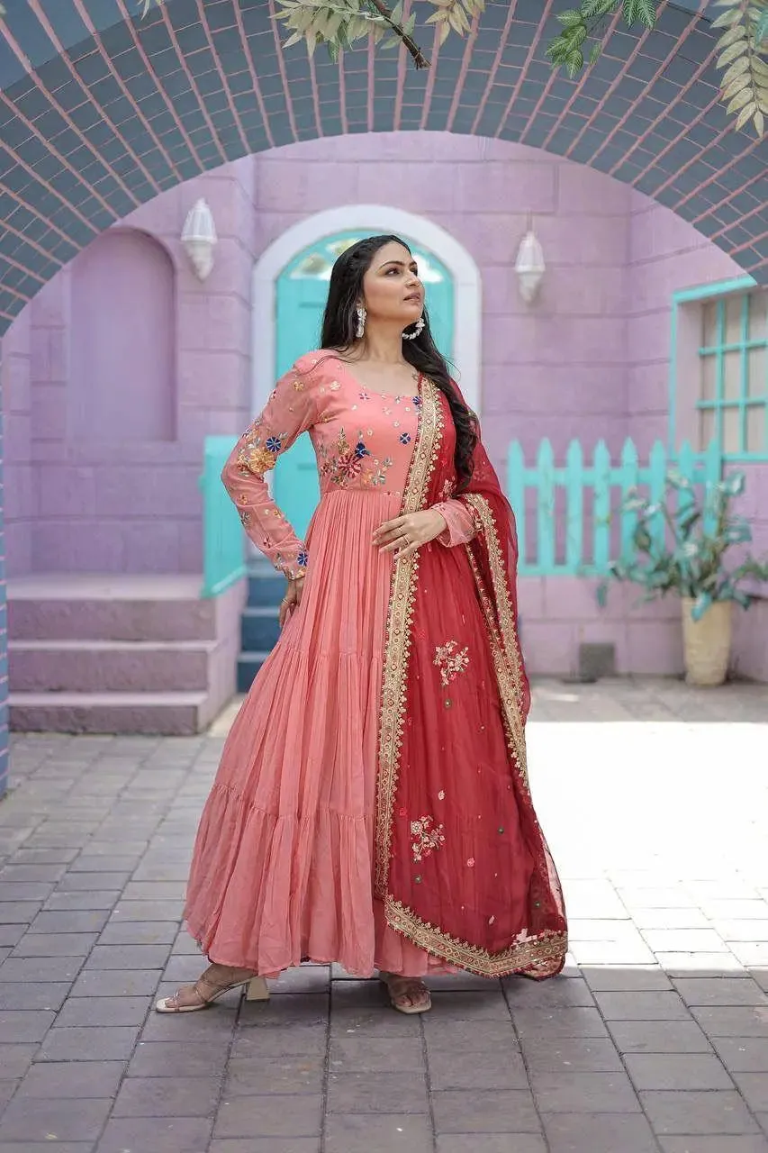 Dazzling Faux Georgette Embroidered Thread Worked Gown With Dupatta