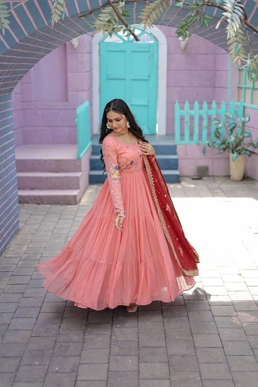 Dazzling Faux Georgette Embroidered Thread Worked Gown With Dupatta