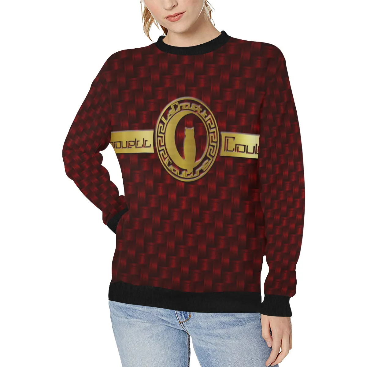 DELUXE RED TRESSER Women's Rib Cuff Crew Neck Sweatshirt