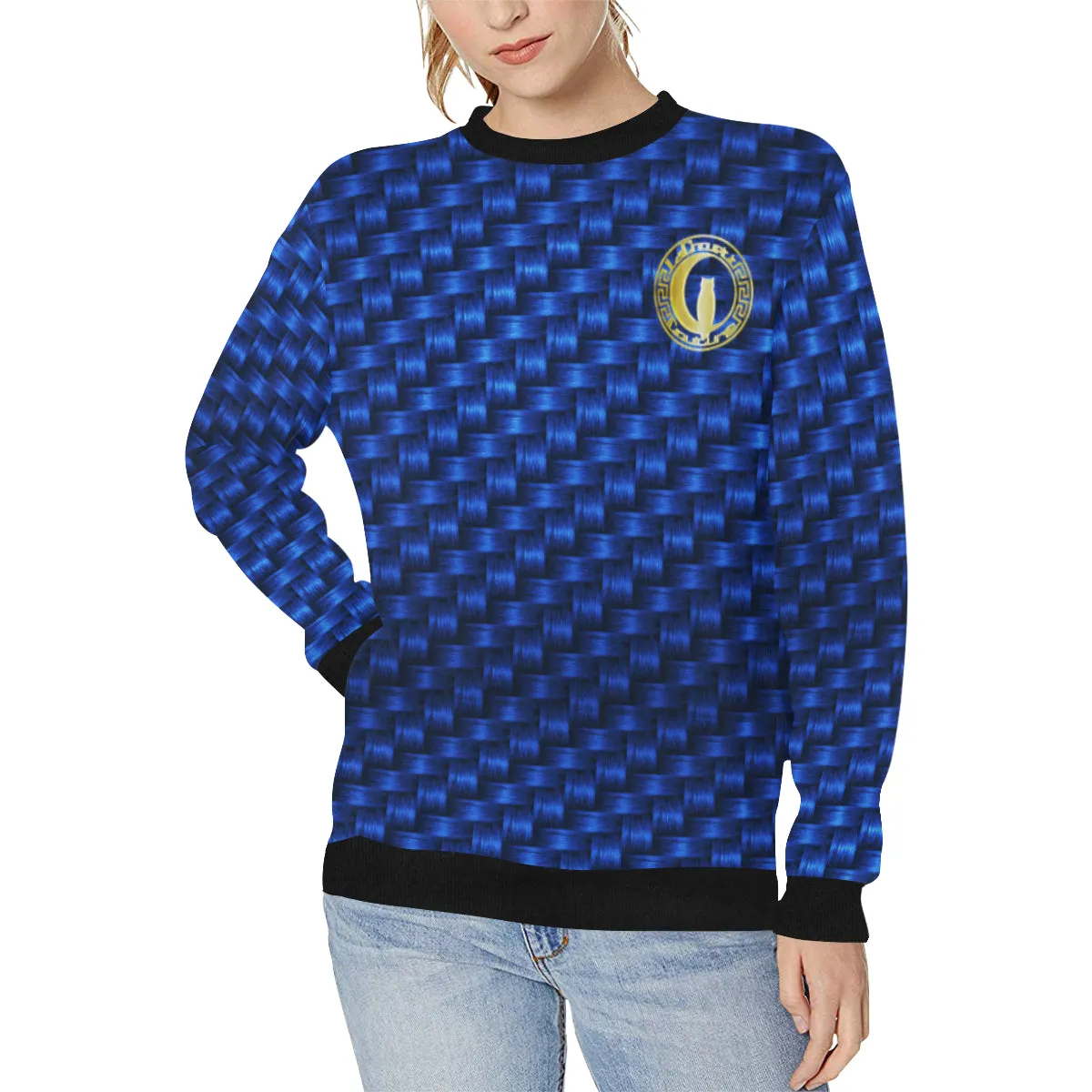 DELUXE TRESSER BLUE Women's Rib Cuff Crew Neck Sweatshirt