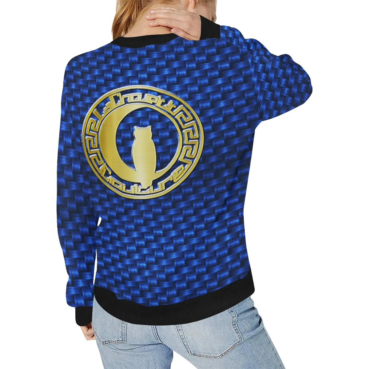 DELUXE TRESSER BLUE Women's Rib Cuff Crew Neck Sweatshirt