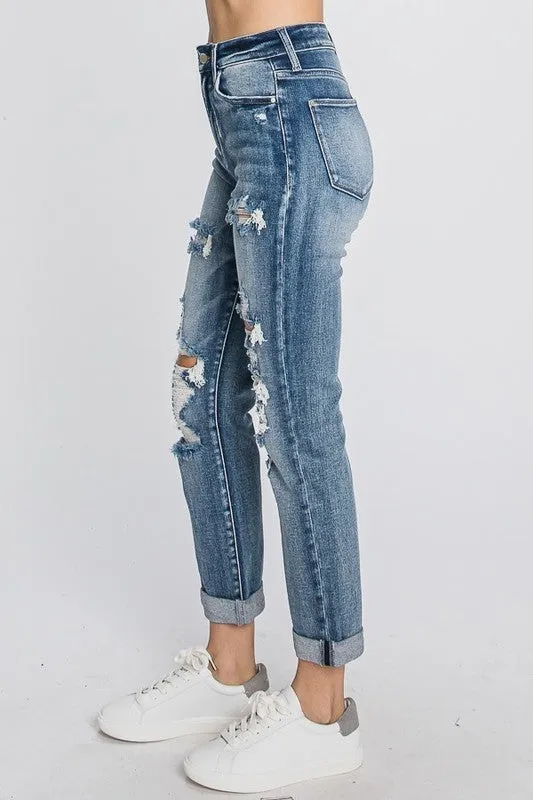 Distressed High Rise Stretch Mom Jeans