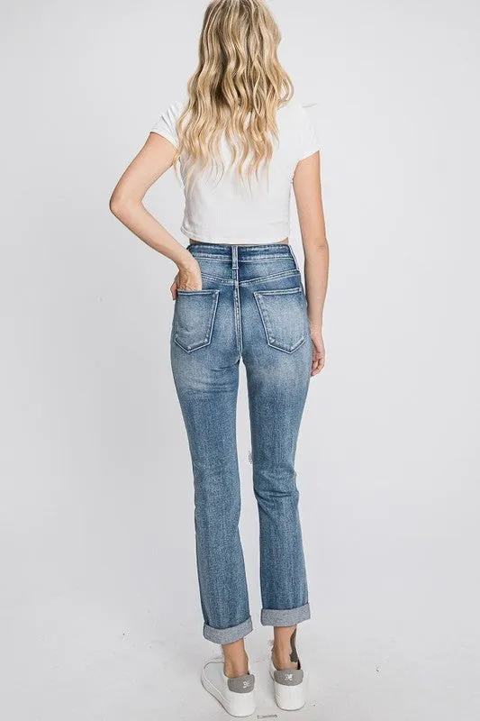 Distressed High Rise Stretch Mom Jeans