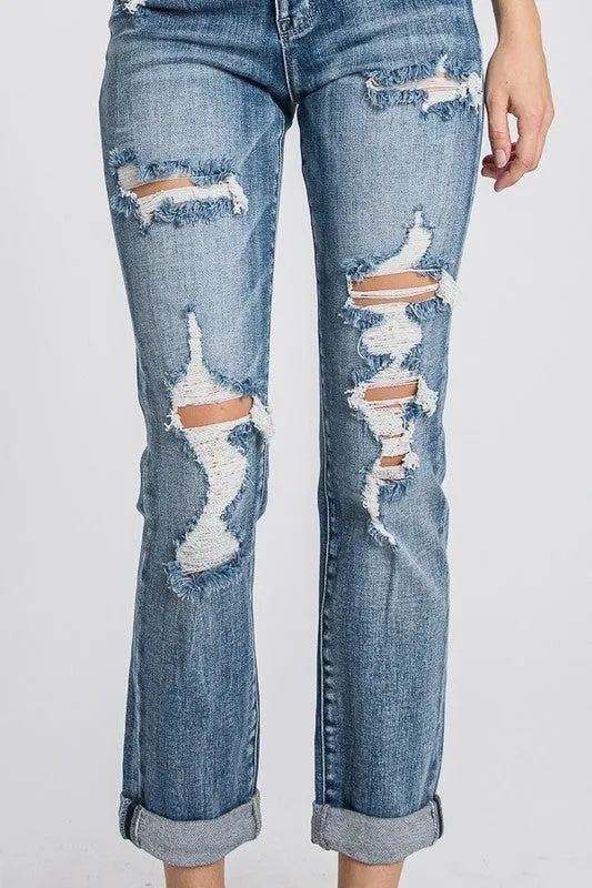 Distressed High Rise Stretch Mom Jeans