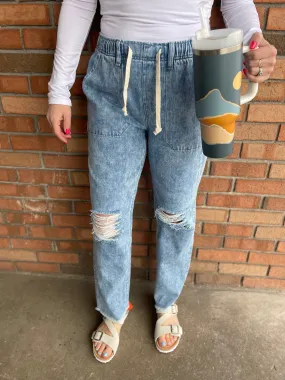 Distressed Wash Denim Jogger Pants