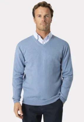 Dorset Sky Blue 12 Gauge Luxury Cotton Merino V Neck Jumper