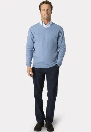 Dorset Sky Blue 12 Gauge Luxury Cotton Merino V Neck Jumper