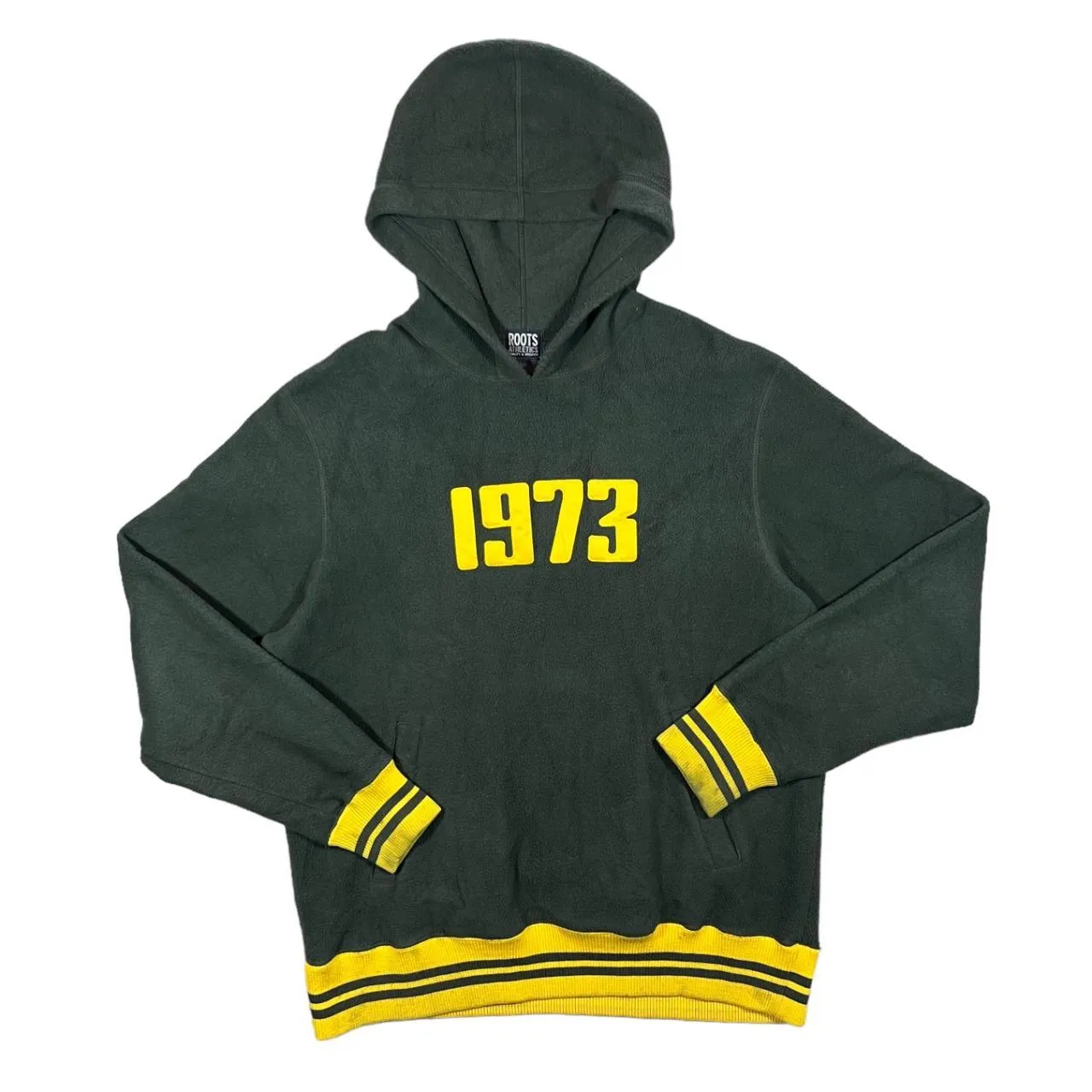 Early 00's ROOTS ATHLETICS "1973" Embroidered Green Pullover Fleece Hoodie