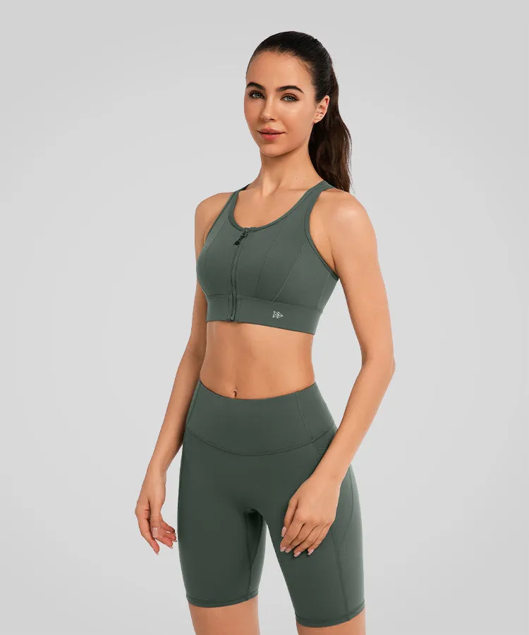 Echo Front Zip Perforated Solid Padded Running Bra | Women's High Support Sports Bra
