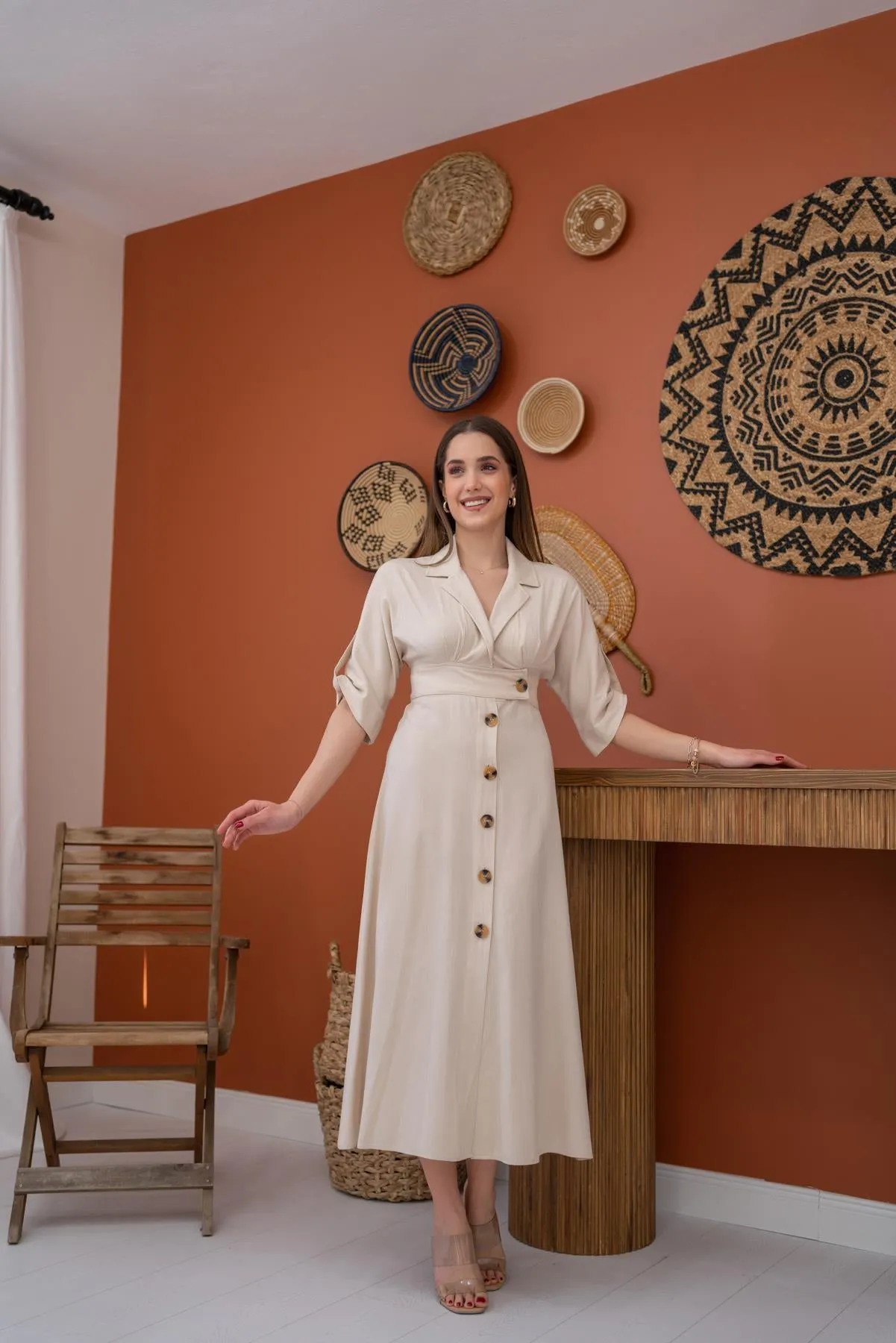 ELS Buttoned Linen Dress - Beige - Badajoz
