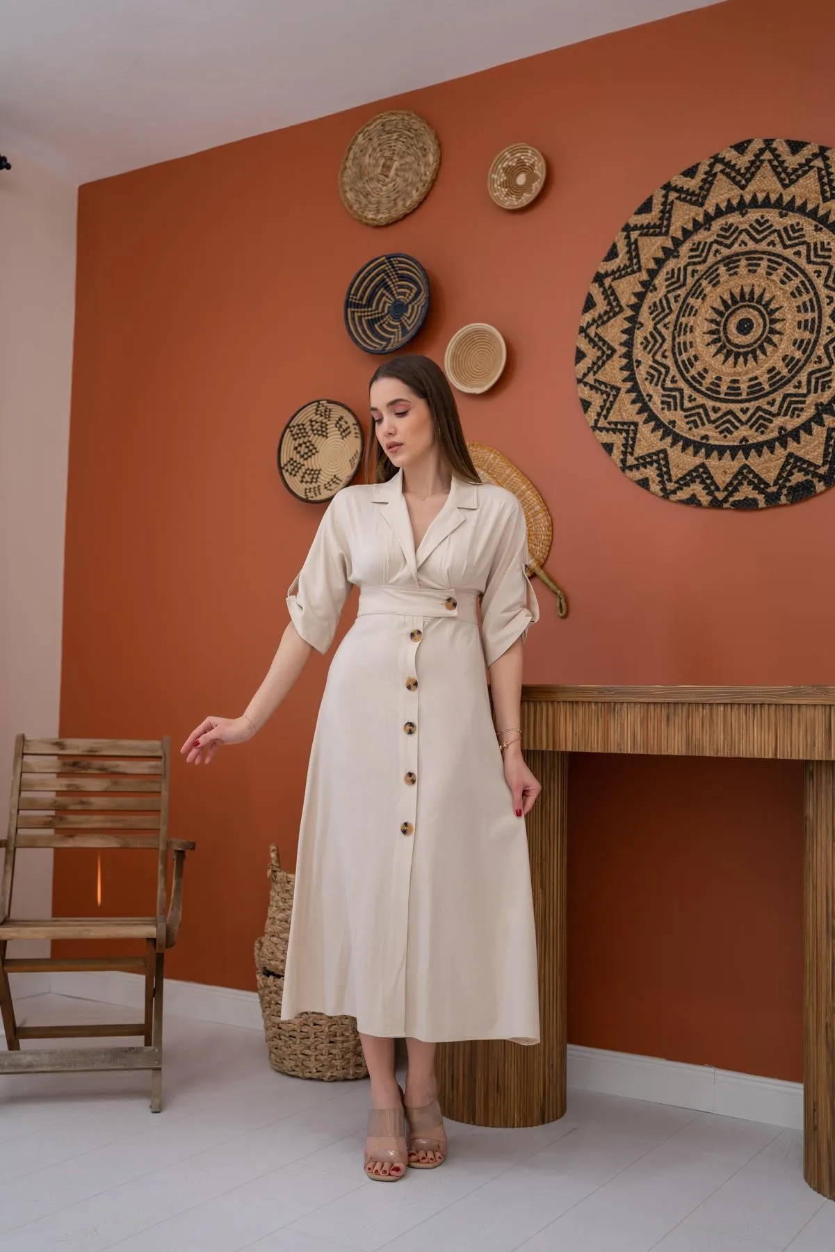 ELS Buttoned Linen Dress - Beige - Badajoz