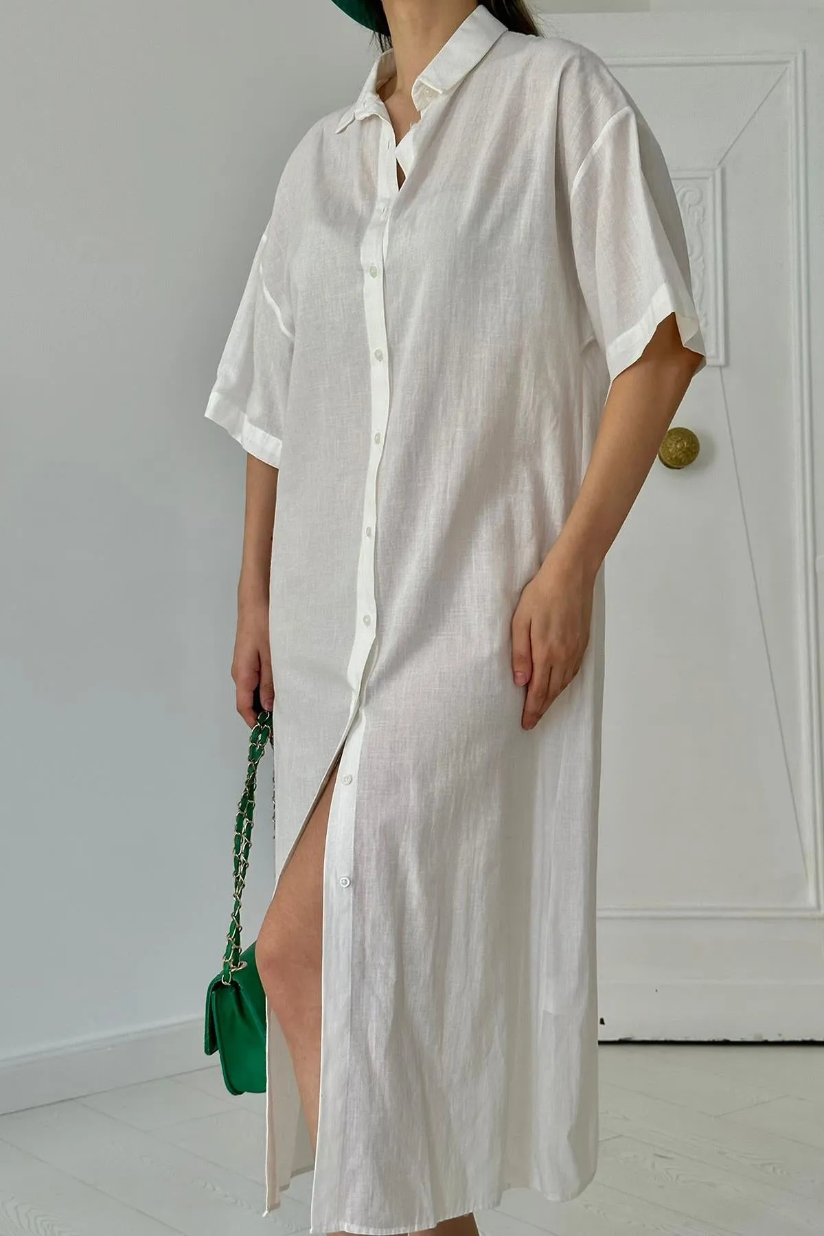 ELS Linen Short Sleeve Dress - White - Hamm