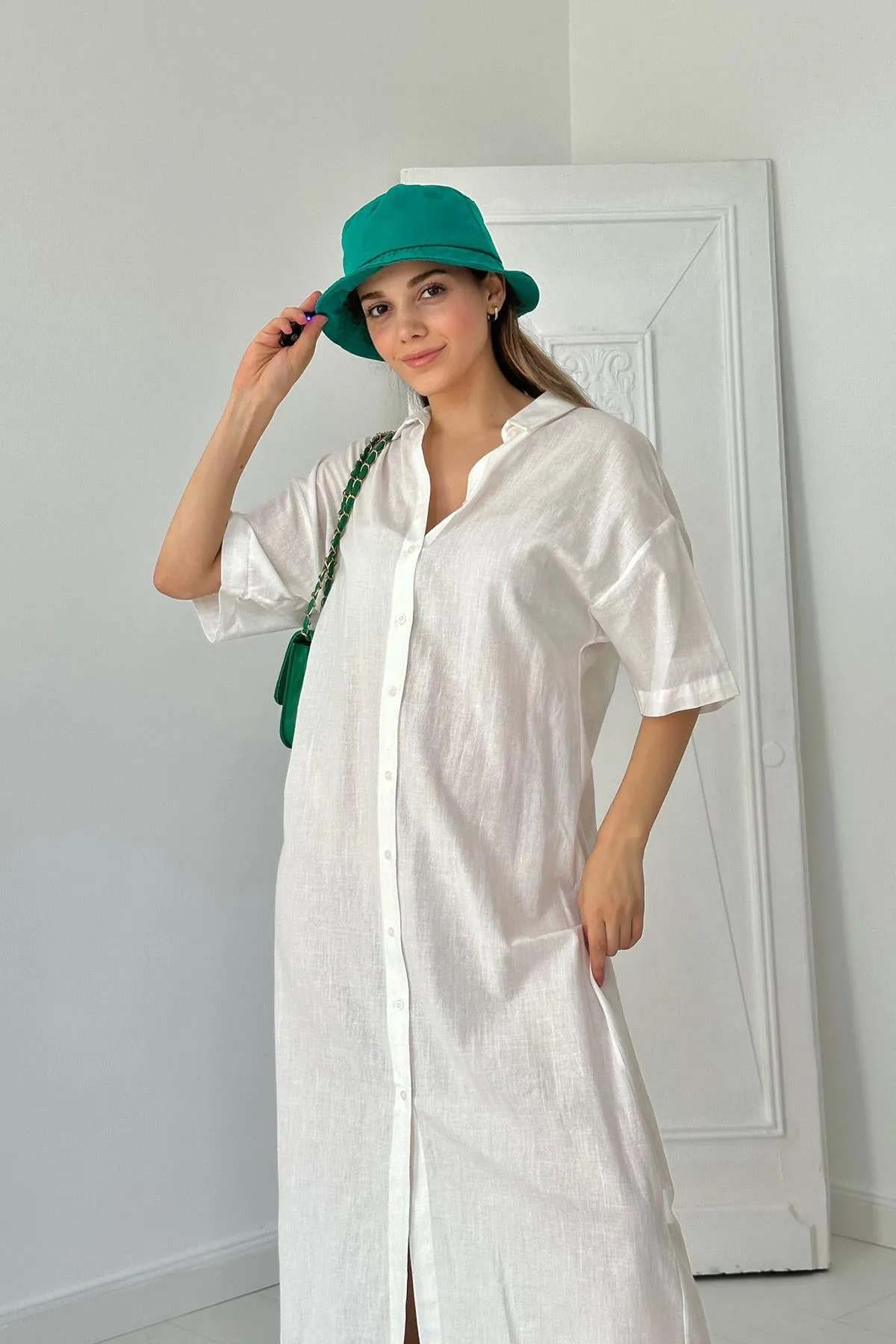 ELS Linen Short Sleeve Dress - White - Hamm