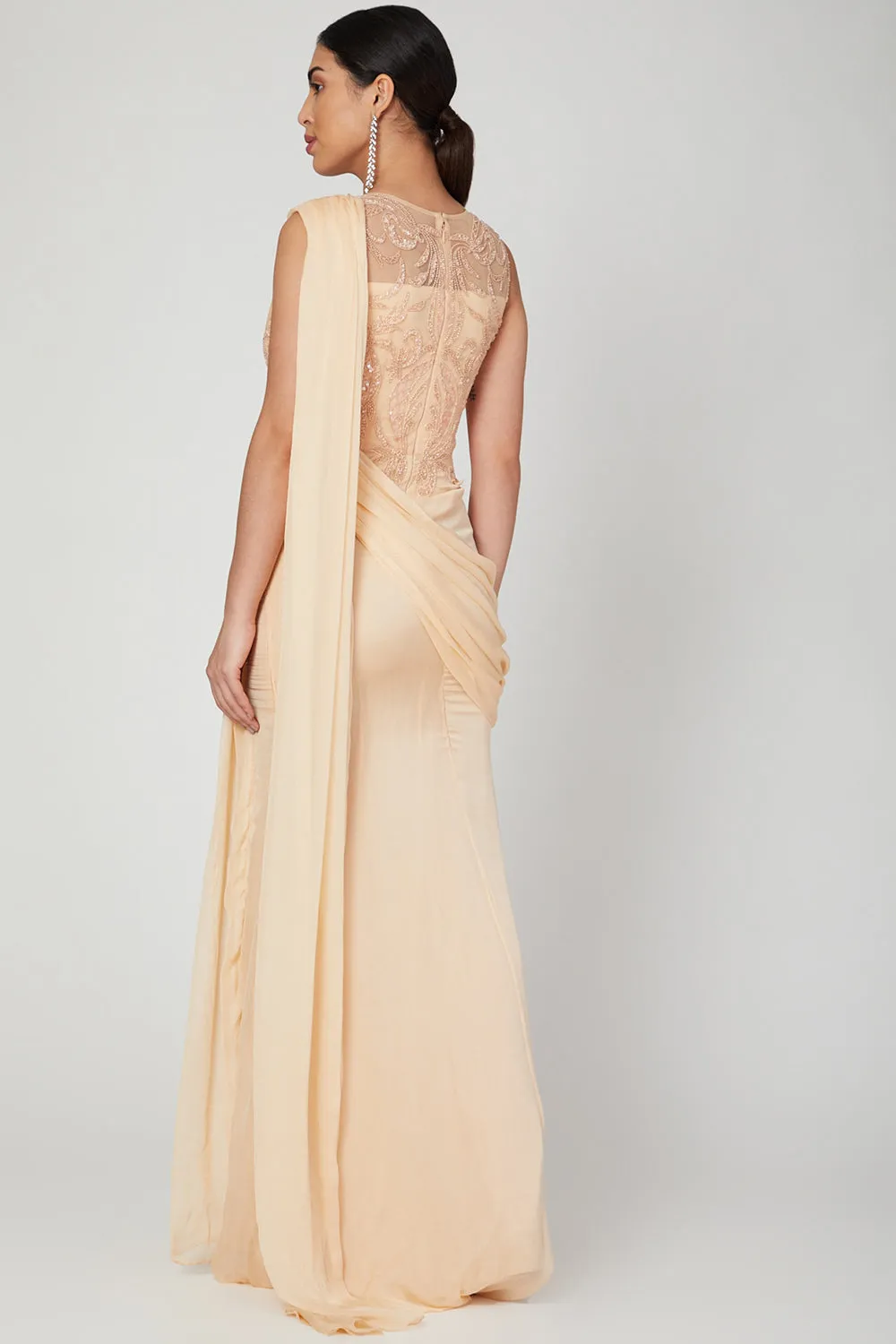 Embroidered Peach Saree Gown