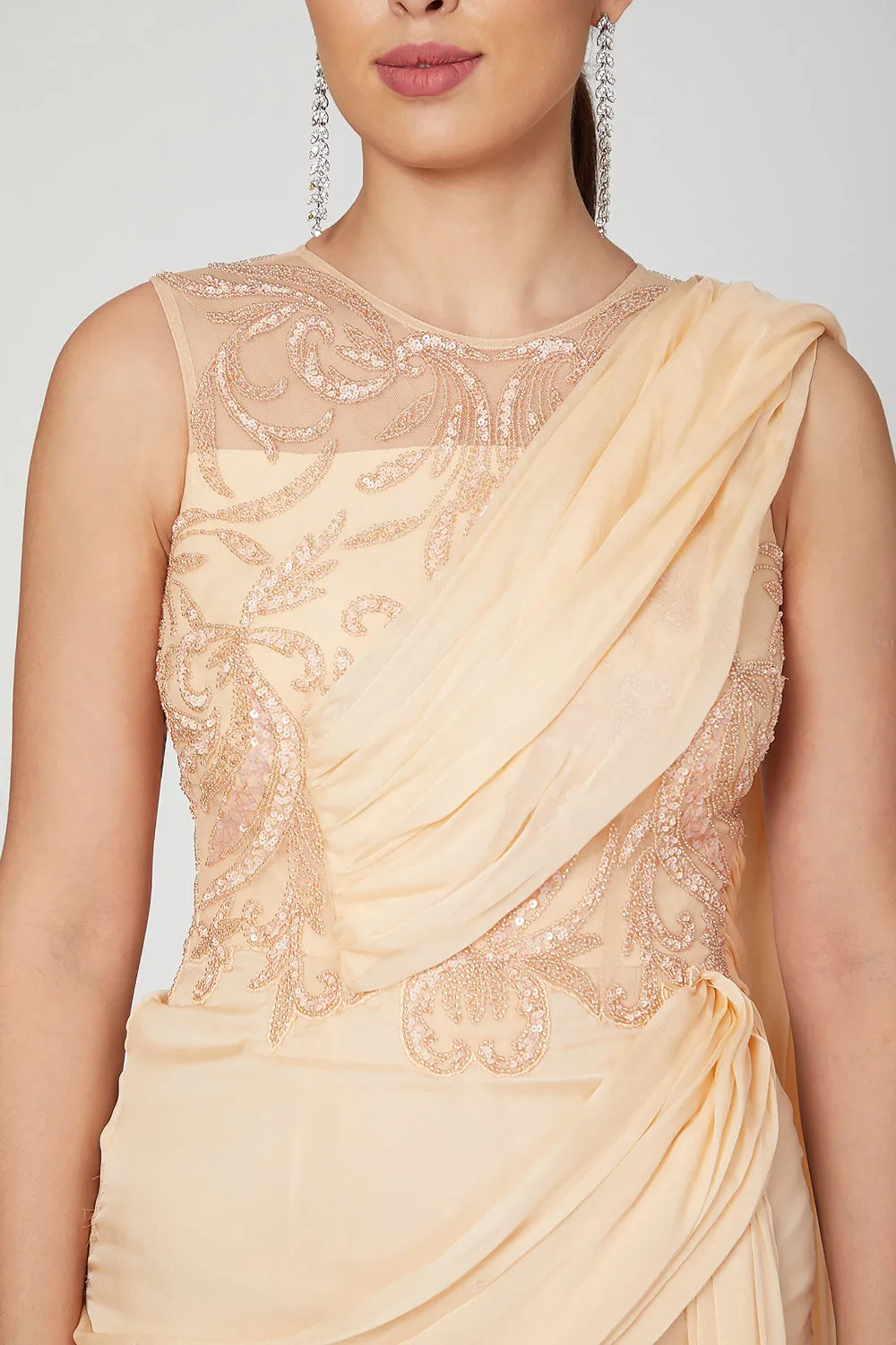 Embroidered Peach Saree Gown