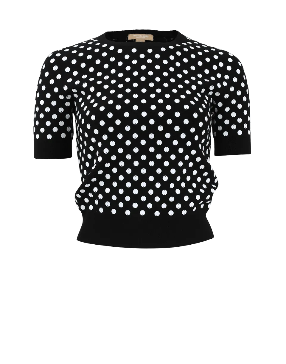 Embroidered Polka Dot Knit Top