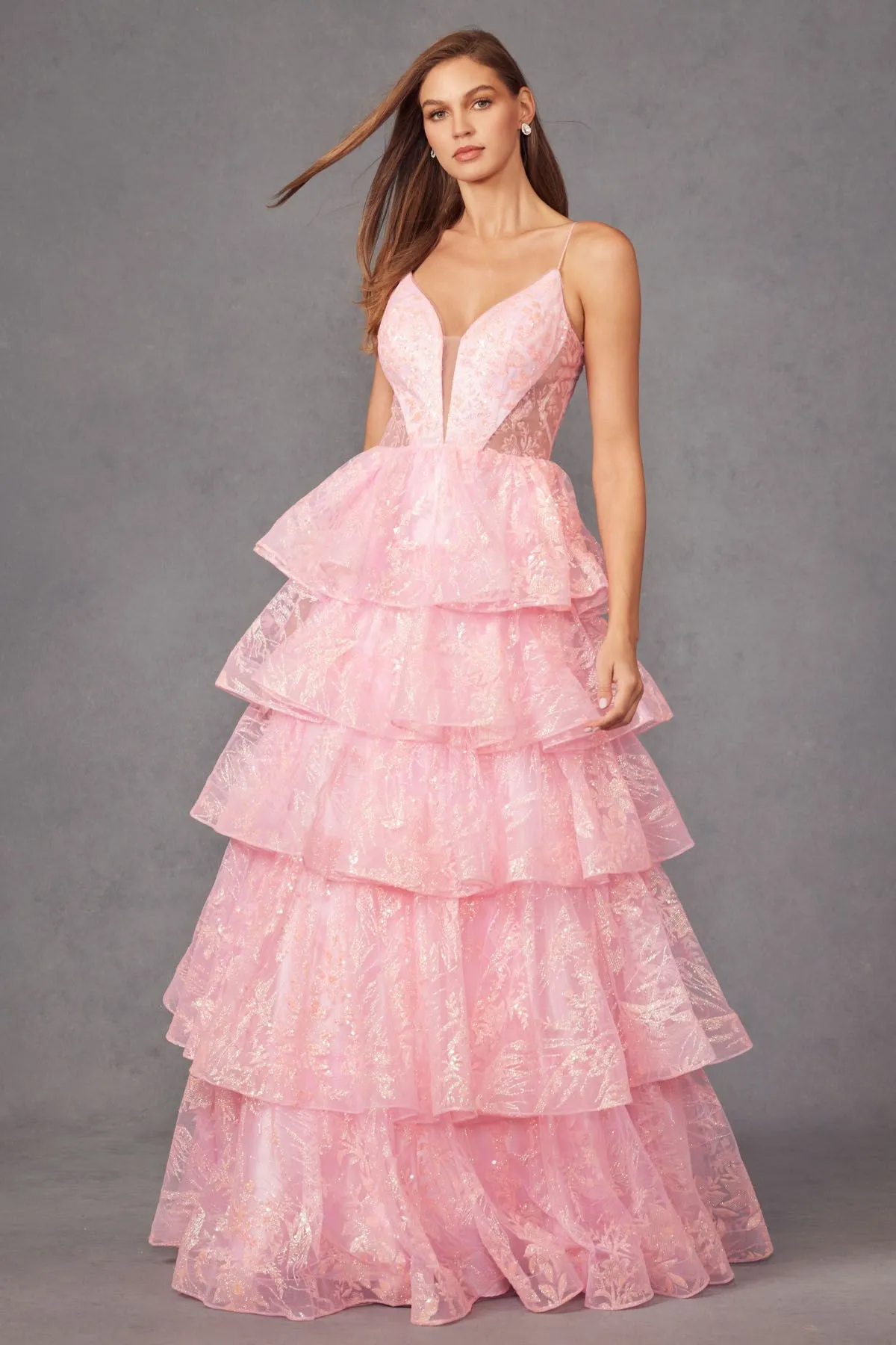 Eternal Pink Layered Ruffled Glitter Ballgown Prom Dress