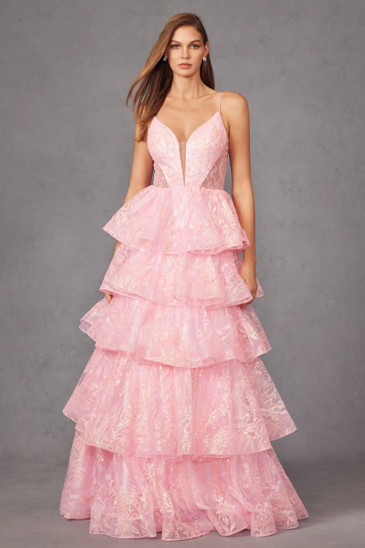 Eternal Pink Layered Ruffled Glitter Ballgown Prom Dress