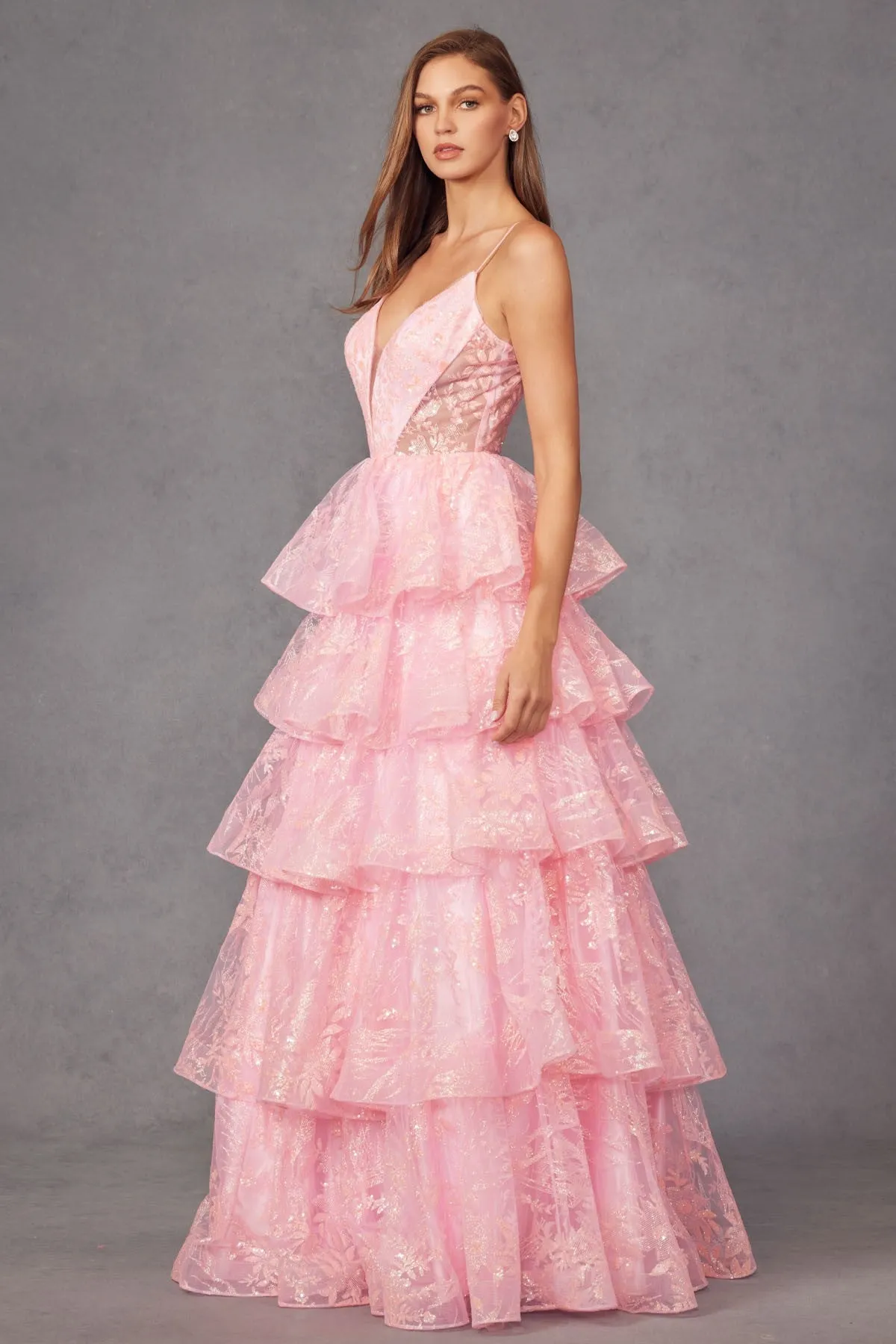 Eternal Pink Layered Ruffled Glitter Ballgown Prom Dress