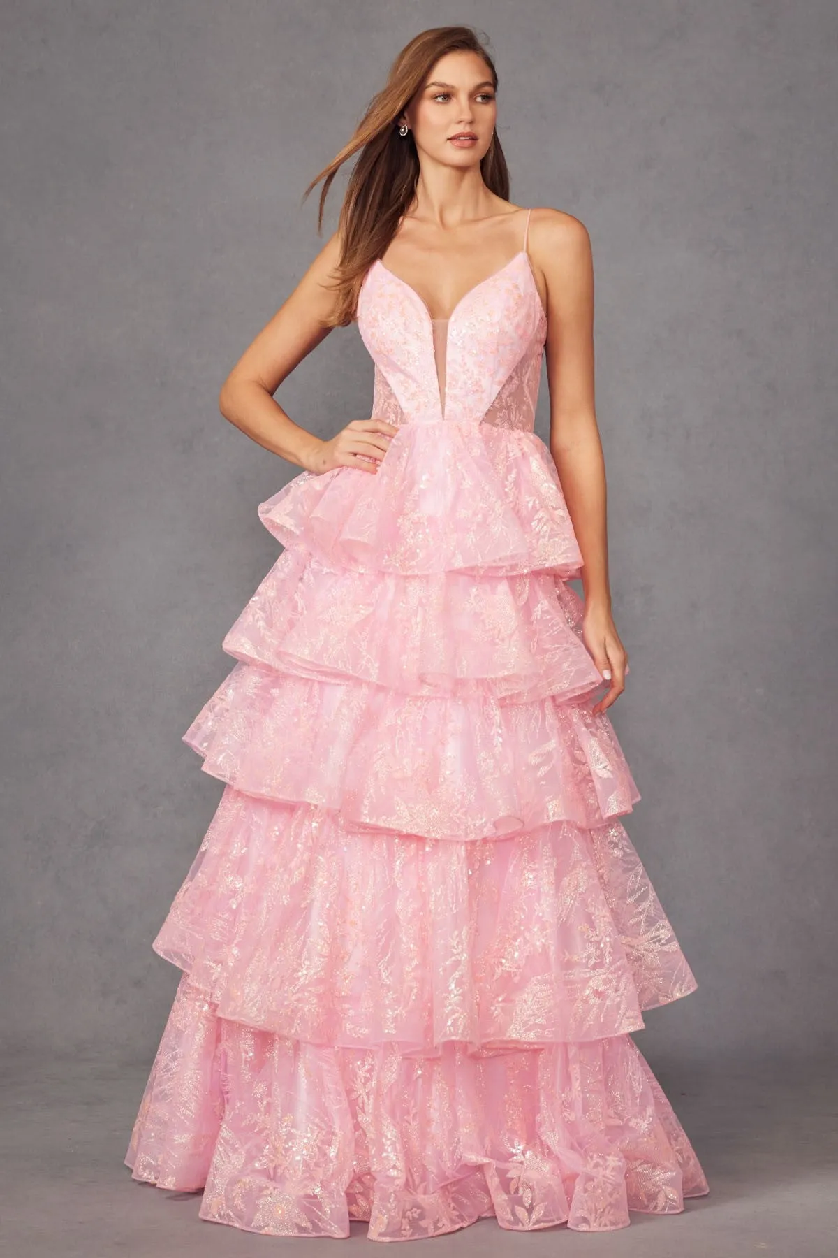 Eternal Pink Layered Ruffled Glitter Ballgown Prom Dress