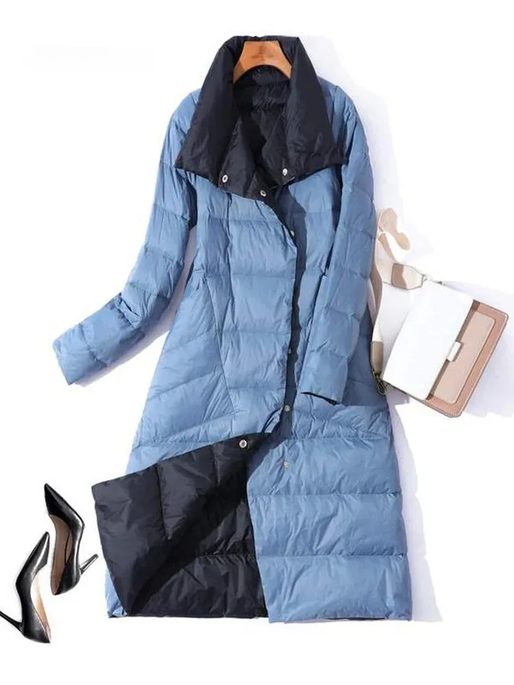 Fashion 2023 Winter Women 90% White Duck Down Jacket Long Thick Double Sided Coat Female Warm Double Breasted Parka Outwear