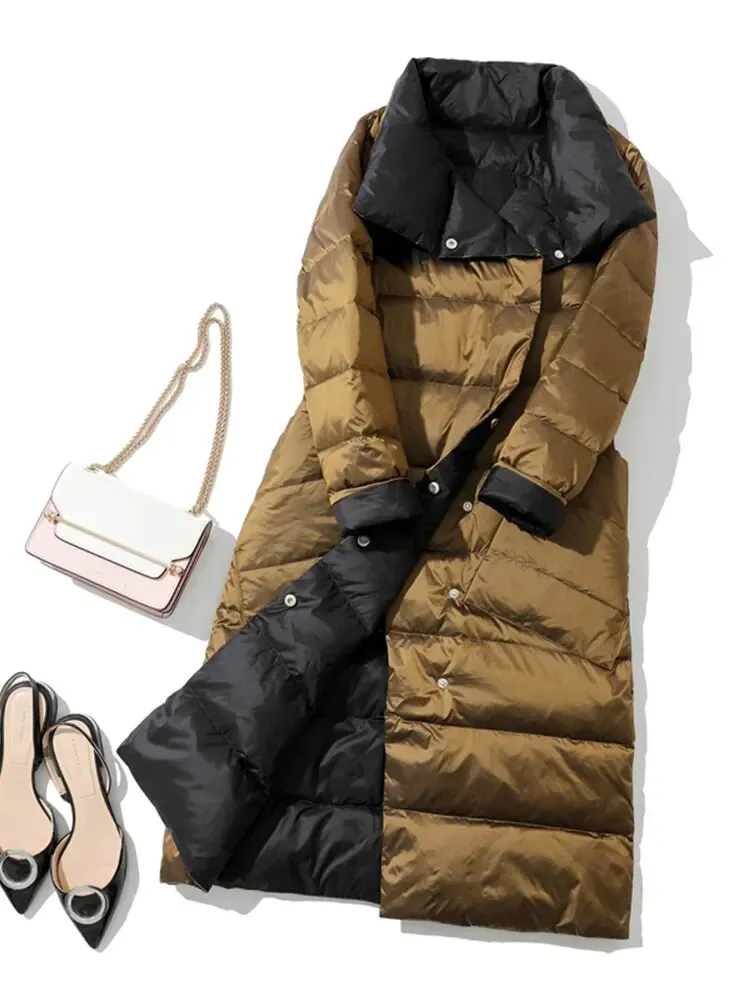 Fashion 2023 Winter Women 90% White Duck Down Jacket Long Thick Double Sided Coat Female Warm Double Breasted Parka Outwear