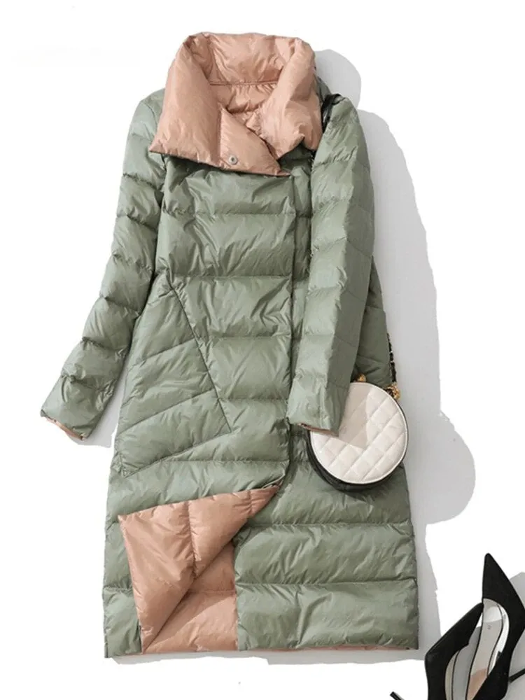 Fashion 2023 Winter Women 90% White Duck Down Jacket Long Thick Double Sided Coat Female Warm Double Breasted Parka Outwear