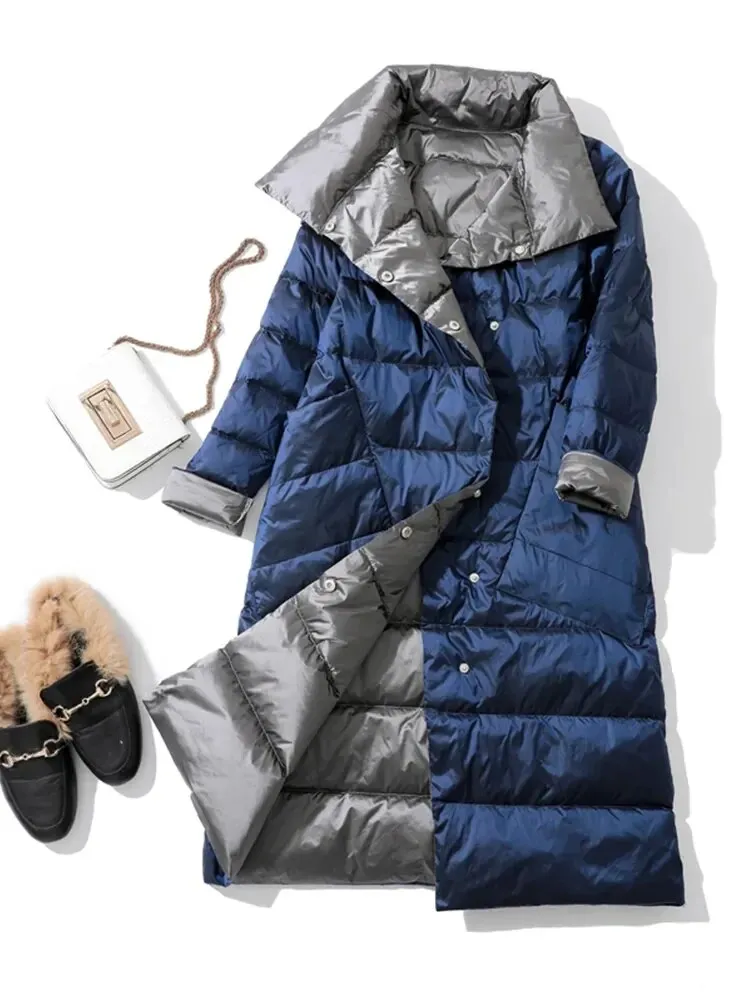 Fashion 2023 Winter Women 90% White Duck Down Jacket Long Thick Double Sided Coat Female Warm Double Breasted Parka Outwear