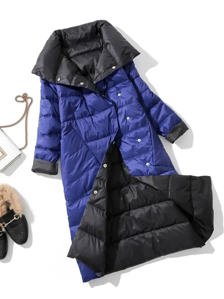 Fashion 2023 Winter Women 90% White Duck Down Jacket Long Thick Double Sided Coat Female Warm Double Breasted Parka Outwear