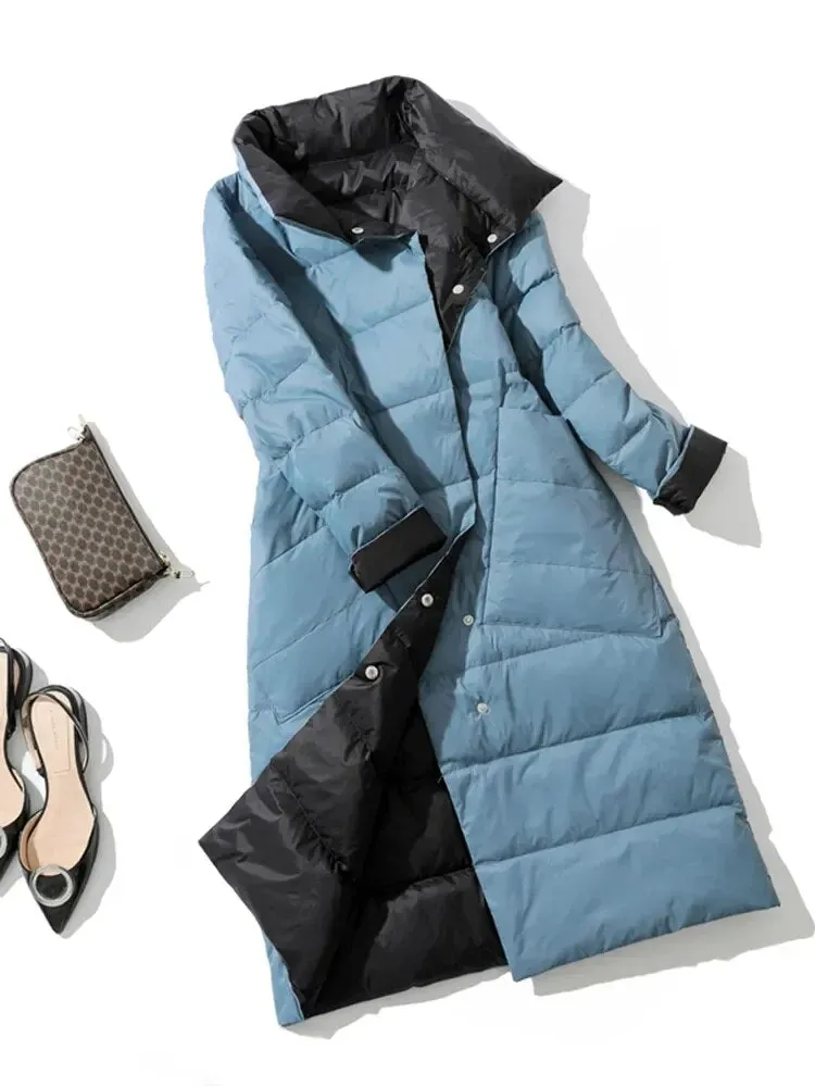Fashion 2023 Winter Women 90% White Duck Down Jacket Long Thick Double Sided Coat Female Warm Double Breasted Parka Outwear