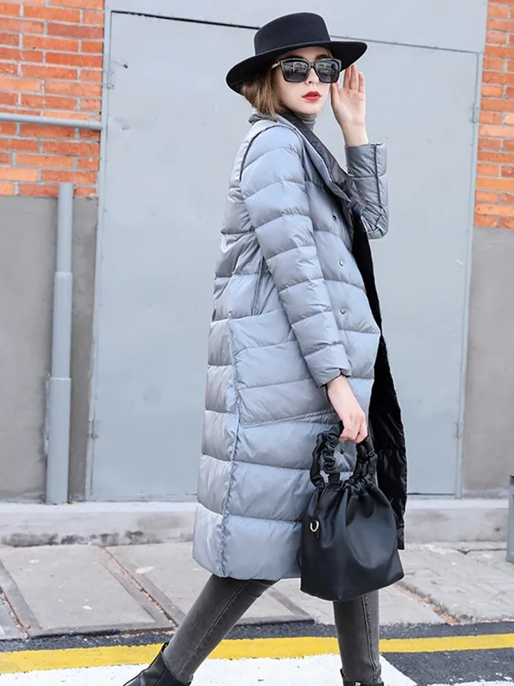 Fashion 2023 Winter Women 90% White Duck Down Jacket Long Thick Double Sided Coat Female Warm Double Breasted Parka Outwear