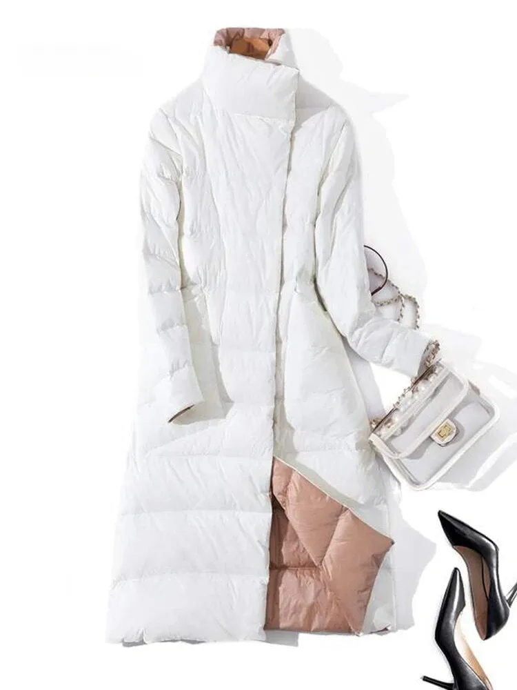 Fashion 2023 Winter Women 90% White Duck Down Jacket Long Thick Double Sided Coat Female Warm Double Breasted Parka Outwear